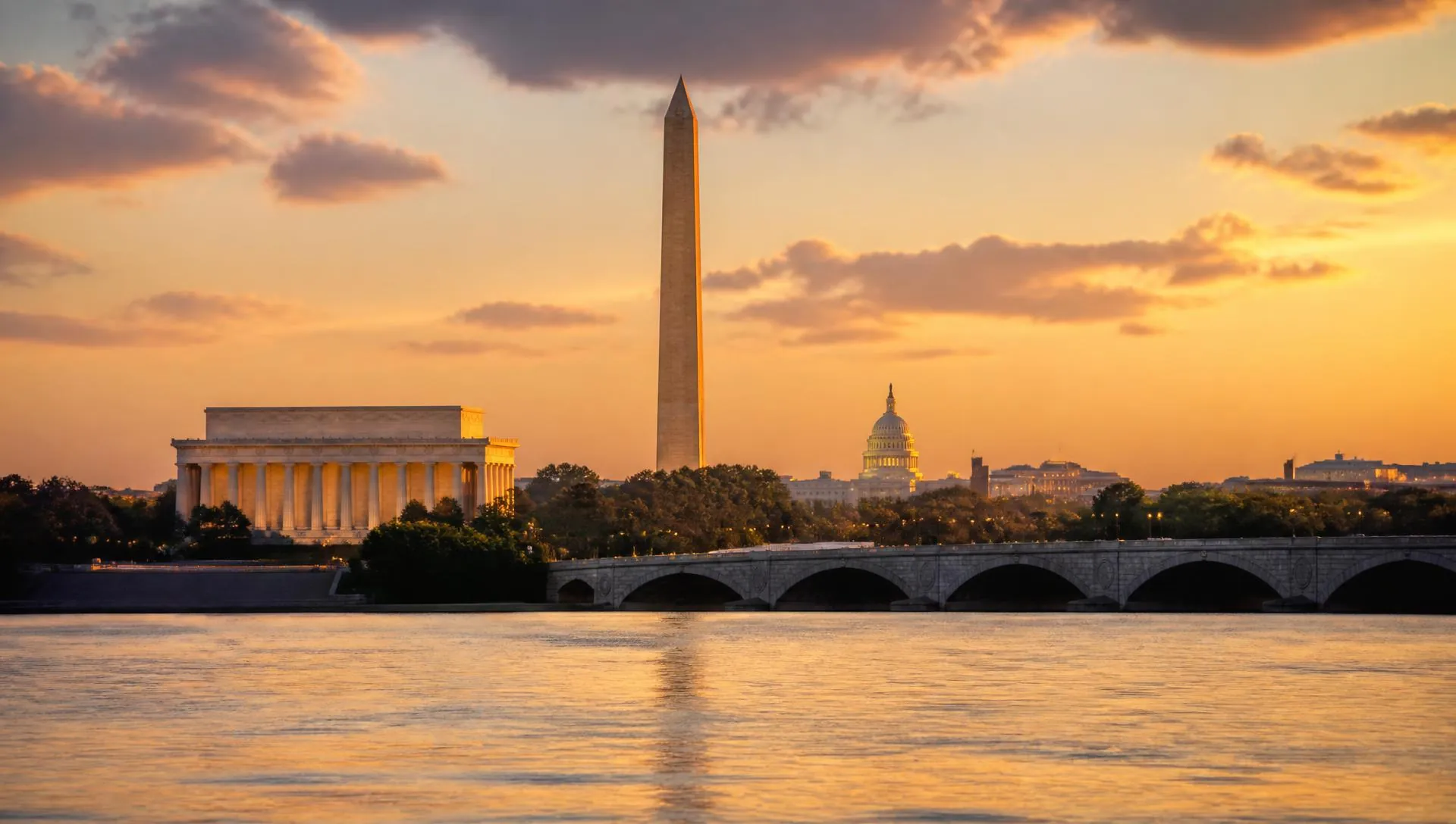 Washington DC skyline at sunset with the Lincoln Memorial, Washington Monument, and US Capitol